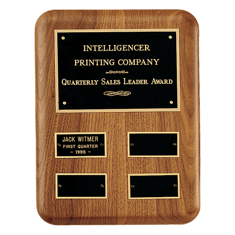 8" x 10 1/2"/Plates 1 1/4" x 2 1/2" American Walnut AirFlyte Edge Quarterly Award Perpetual Plaque wth Black Brass Plates