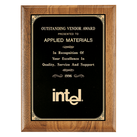 9" x 12" Coventry Series American Walnut Plaque with Gold Border Laserable Black Brass Plate