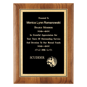 9" x 12" Coventry Series American Walnut Plaque with Gold Florentine Border Textured Black LaserFX Plate
