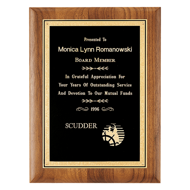 9" x 12" Coventry Series American Walnut Plaque with Gold Florentine Border Textured Black LaserFX Plate