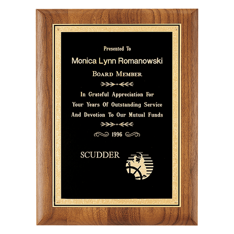 11" x 14" Coventry Series American Walnut Plaque with Gold Florentine Border Textured Black LaserFX Plate