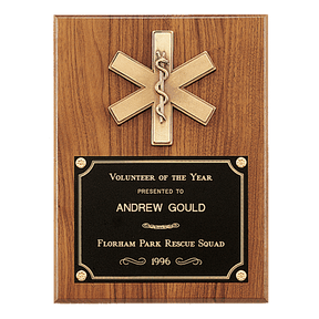 9" x 12" Walnut Plaque with Gold EMT Star of Life and Black Brass Plate