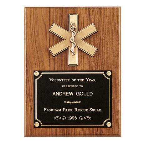 9" x 12" Walnut Plaque with Gold EMT Star of Life and Black Brass Plate
