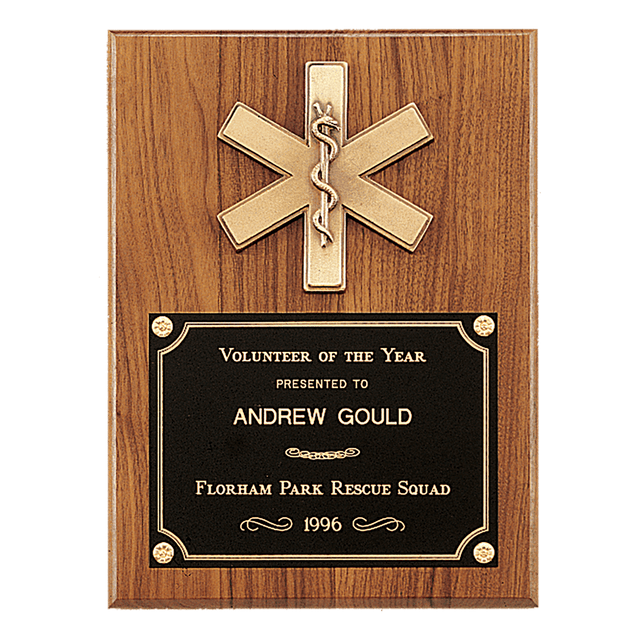 9" x 12" Walnut Plaque with Gold EMT Star of Life and Black Brass Plate