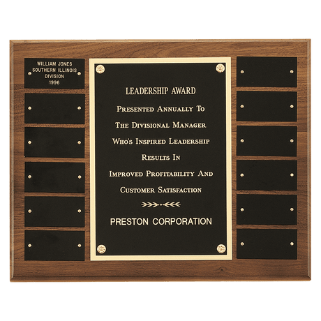 12" x 15"/Plates 1 1/2" x 3" American Walnut 12 Plate Perpetual Plaque with Black Brass Plates