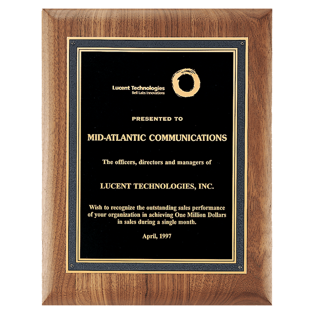 9" x 12" American Walnut Plaque with Black/Gold Florentine Border Textured Black LaserFX Plate
