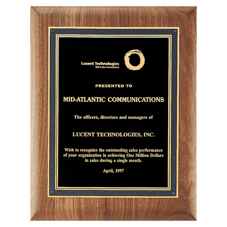 11" x 14" American Walnut Plaque with Black/Gold Florentine Border Textured Black LaserFX Plate