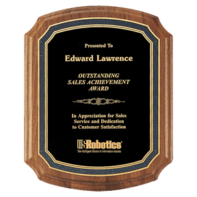 Walnut Plaque with Black/Gold Florentine Border Textured Black 8" x 10 1/2" American Plate