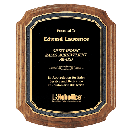 10 1/2" x 13" American Walnut Plaque with Black/Gold Florentine Border Textured Black Plate