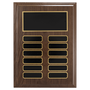9" x 12"/Plates 7/8" x 2 3/4" Walnut Step-Edge 12 Plate Perpetual Plaque with Black Brass Plate