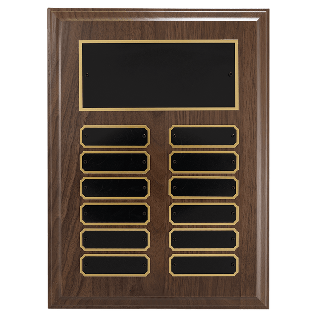 9" x 12"/Plates 7/8" x 2 3/4" Walnut Step-Edge 12 Plate Perpetual Plaque with Black Brass Plate