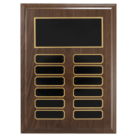 9" x 12"/Plates 7/8" x 2 3/4" Walnut Step-Edge 12 Plate Perpetual Plaque with Black Brass Plate