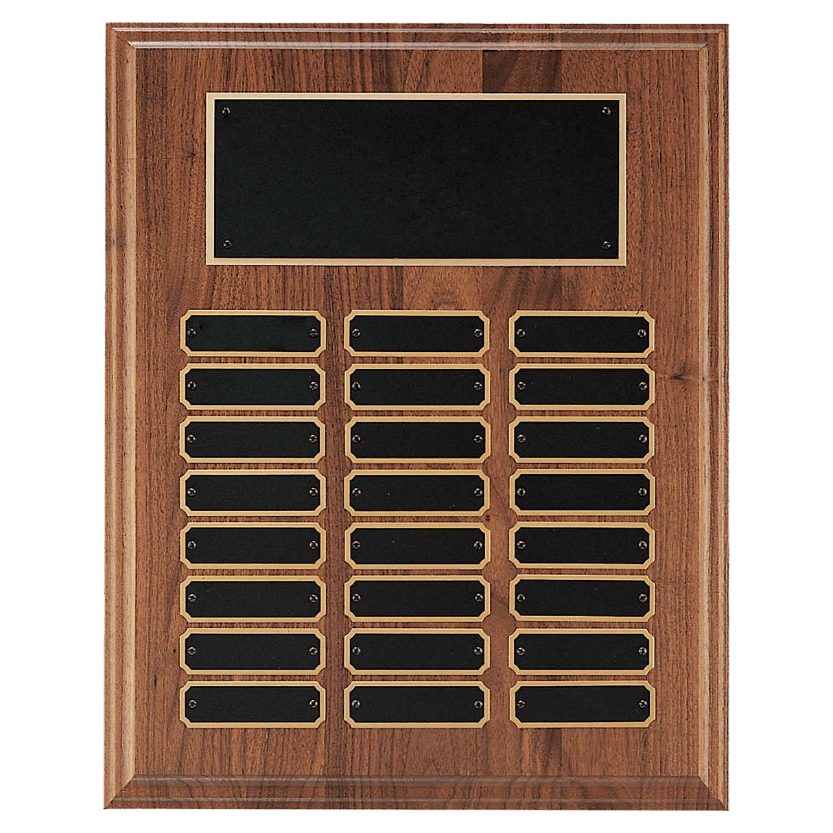 12" x 15" Walnut Step-Edge 24 Plate Perpetual Plaque with Black Brass Plate