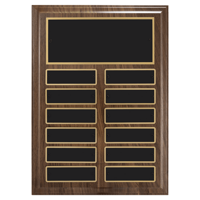 9" x 12"/Plates 1" x 3 1/4" Walnut Step-Edge 12 Plate Perpetual Plaque with Black Brass Plate