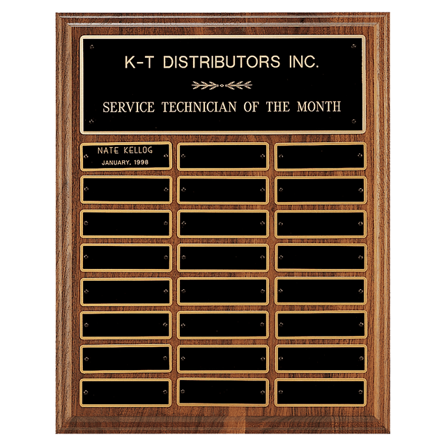 12" x 15"/Plates 1" x 3 1/4" Walnut Step-Edge 24 Plate Perpetual Plaque with Black Brass Plate