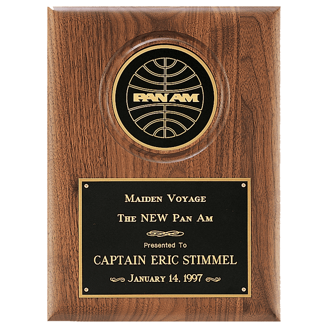 9" x 12" American Walnut Plaque with 4" Diameter Black Disc and Black Brass Plate