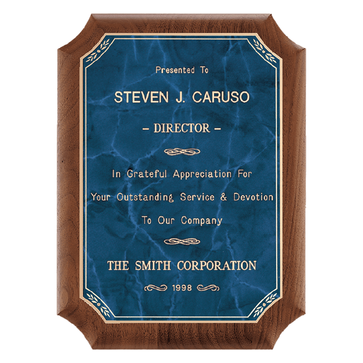 8" x 10 1/2" American Walnut Plaque with Gold Border Sapphire Marble LaserFX Plate