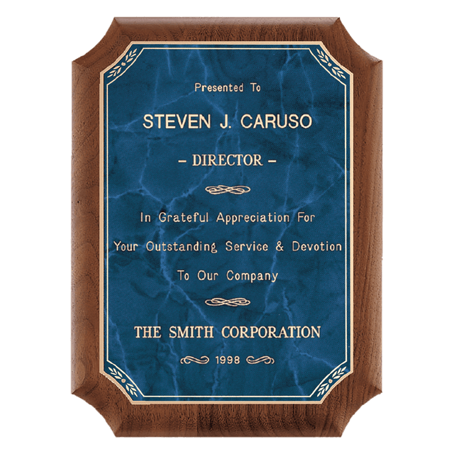 8" x 10 1/2" American Walnut Plaque with Gold Border Sapphire Marble LaserFX Plate