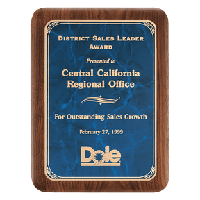 7" X 9" American Walnut Plaque with Gold Border Sapphire Marble LaserFX Plate