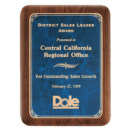 9" x 12" American Walnut Plaque with Gold Border Sapphire Marble LaserFX Plate