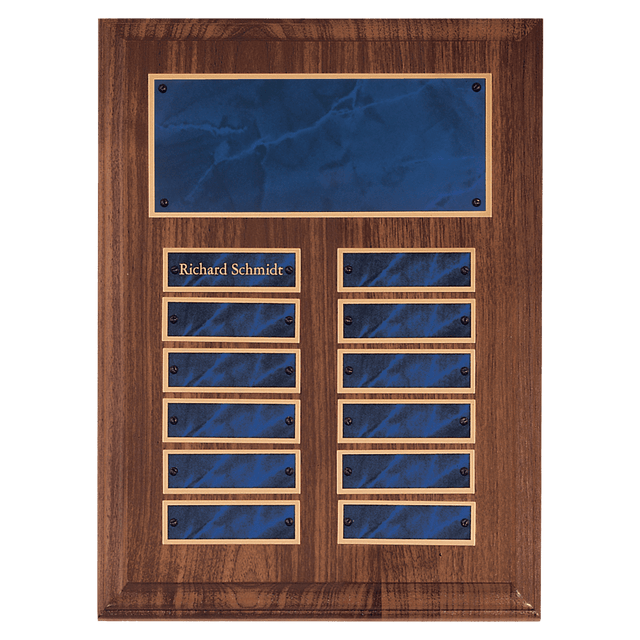 9" x 12" American Walnut 12 Plate Perpetual Plaque with Sapphire Marble Brass Plates