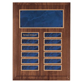 9" x 12" American Walnut 12 Plate Perpetual Plaque with Sapphire Marble Brass Plates
