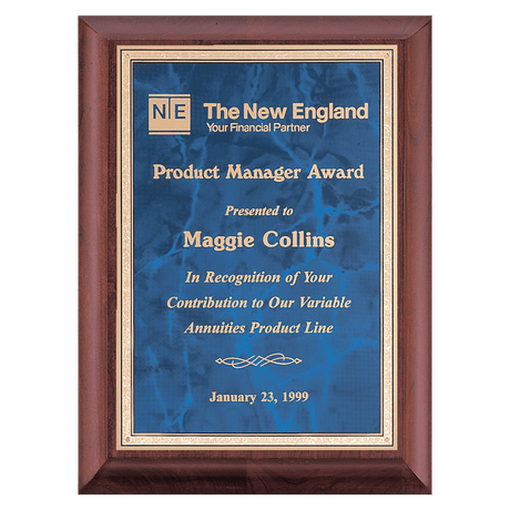 8" x 10" Hand Rubbed Cherry Finish Plaque with Sapphire Marble Gold Border LaserFX Plate