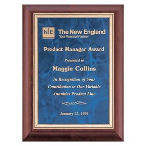 9" x 12" Hand Rubbed Cherry Finish Plaque with Sapphire Marble Gold Border LaserFX Plate