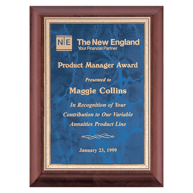 9" x 12" Hand Rubbed Cherry Finish Plaque with Sapphire Marble Gold Border LaserFX Plate
