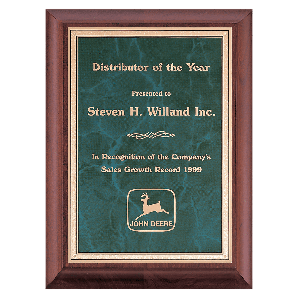 Cherry Finish Plaque with Emerald Marble Gold 7" x 9" Hand Rubbed Border LaserFX Plate
