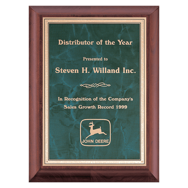 8" x 10" Hand Rubbed Cherry Finish Plaque with Emerald Marble Gold Border LaserFX Plate