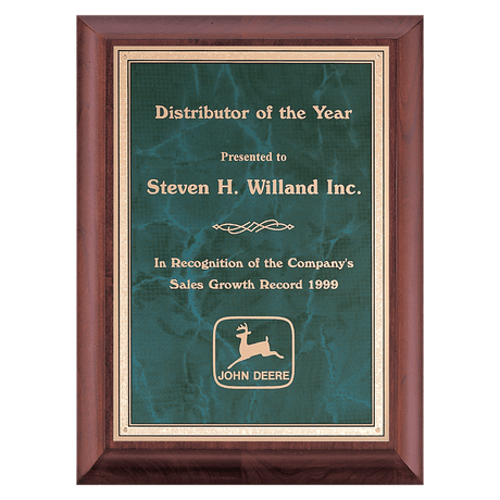 9" x 12" Hand Rubbed Cherry Finish Plaque with Emerald Marble Gold Border LaserFX Plate