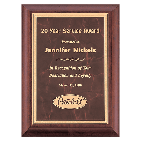 7" x 9" Hand Rubbed Cherry Finish Plaque with Ruby Marble Gold Border LaserFX Plate