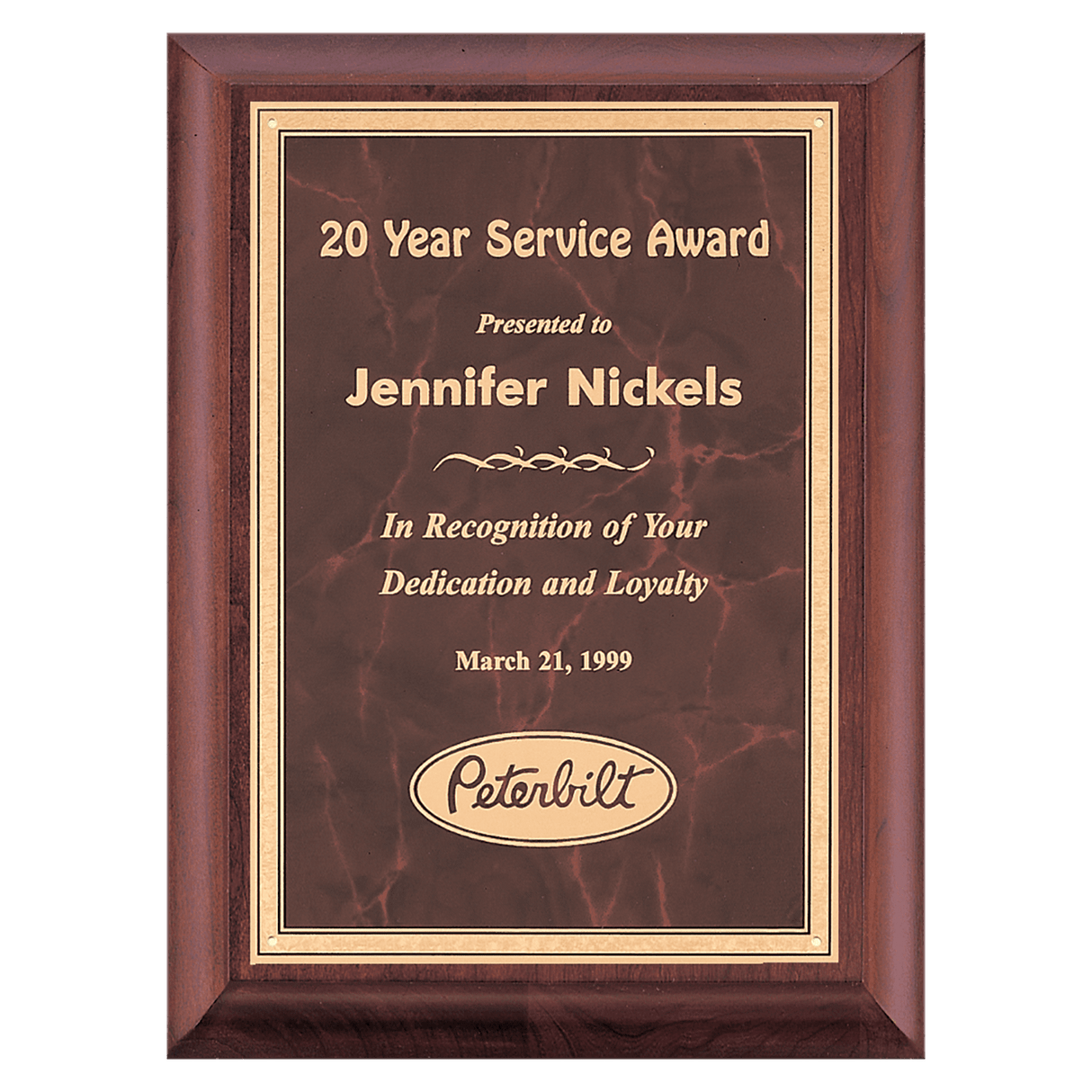Cherry Finish Plaque with Ruby Marble Gold 8" x 10" Hand Rubbed Border LaserFX Plate