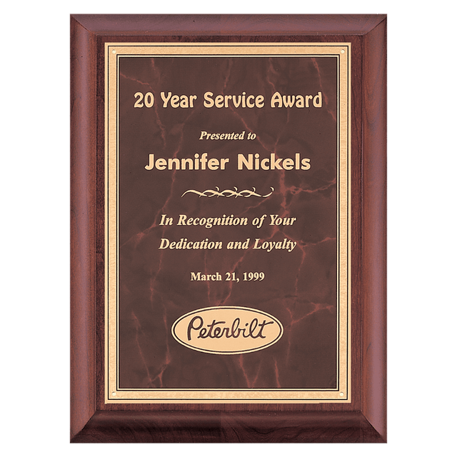 Cherry Finish Plaque with Ruby Marble Gold 9" x 12" Hand Rubbed Border LaserFX Plate