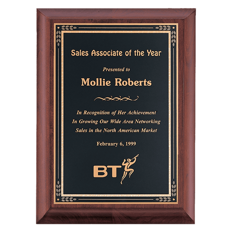 7" x 9" Hand Rubbed Cherry Finish Plaque with Black Gold Florentine Border LaserFX Plate