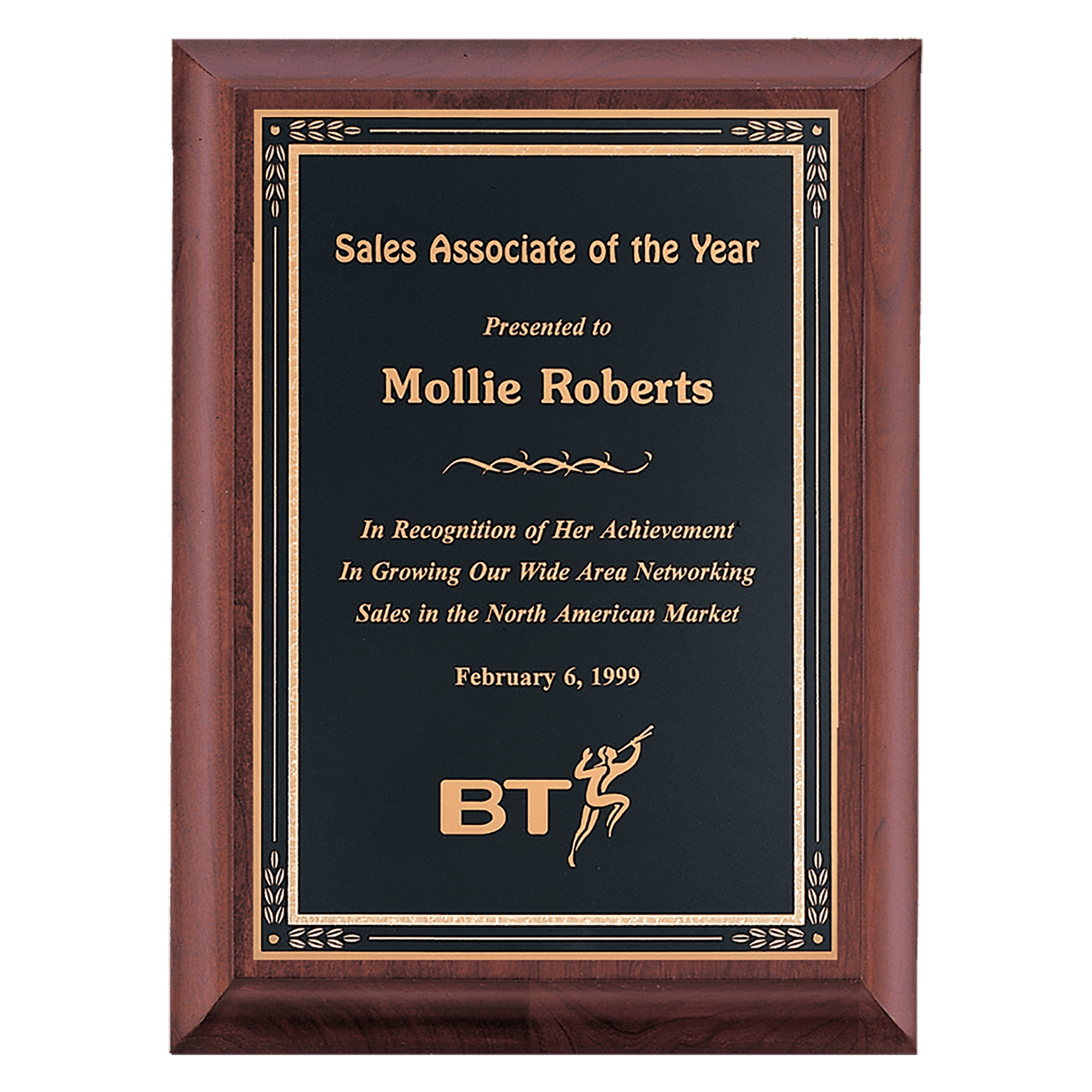 8" x 10" Hand Rubbed Cherry Finish Plaque with Black Gold Florentine Border LaserFX Plate