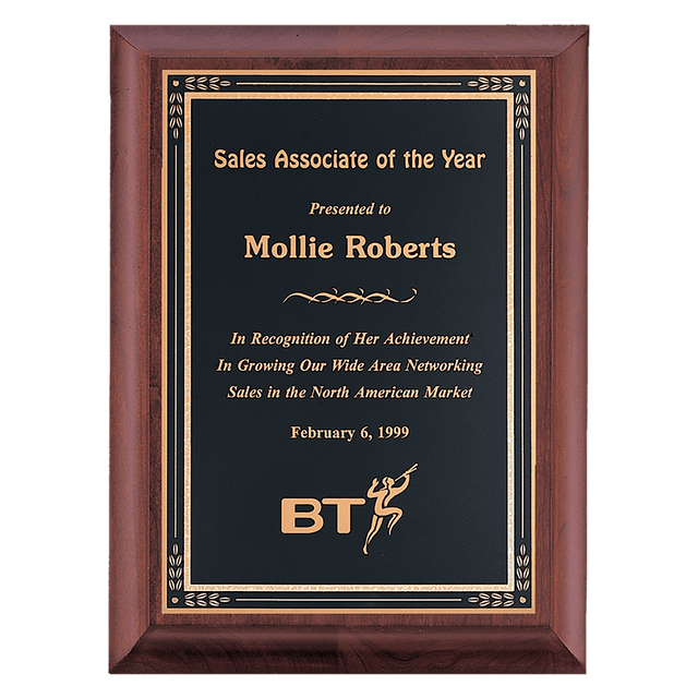 8" x 10" Hand Rubbed Cherry Finish Plaque with Black Gold Florentine Border LaserFX Plate