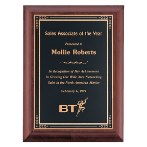 9" x 12" Hand Rubbed Cherry Finish Plaque with Black Gold Florentine Border LaserFX Plate