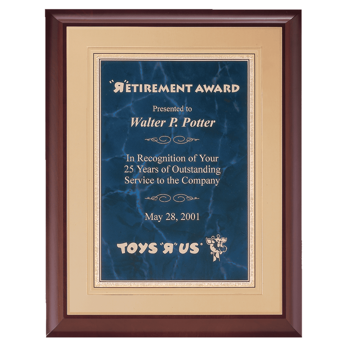 11" x 14" Hand Rubbed Cherry Finish Plaque with a Sapphire Gold Border Florentine LaserFX Plate on an Gold Embossed Back Plate