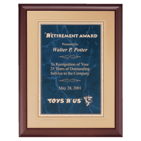 11" x 14" Hand Rubbed Cherry Finish Plaque with a Sapphire Gold Border Florentine LaserFX Plate on an Gold Embossed Back Plate