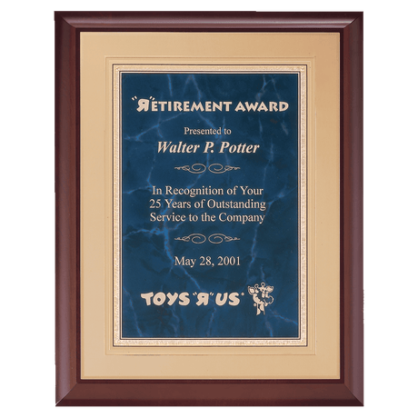 11" x 14" Hand Rubbed Cherry Finish Plaque with a Sapphire Gold Border Florentine LaserFX Plate on an Gold Embossed Back Plate