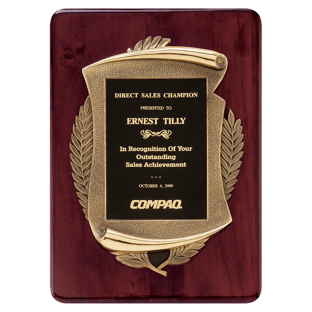 11" x 15" Rosewood Piano Finish Plaque w/Antique Bronze Scroll Frame and Black Brass Plate