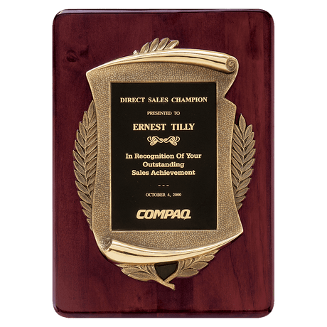 11" x 15" Rosewood Piano Finish Plaque w/Antique Bronze Scroll Frame and Black Brass Plate