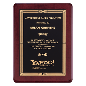 7" x 9" Airflyte Premium Rosewood Piano Finish Plaque with Gold Border Black Laserable Brass Plate