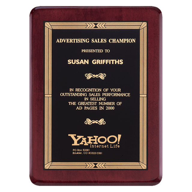 7" x 9" Airflyte Premium Rosewood Piano Finish Plaque with Gold Border Black Laserable Brass Plate