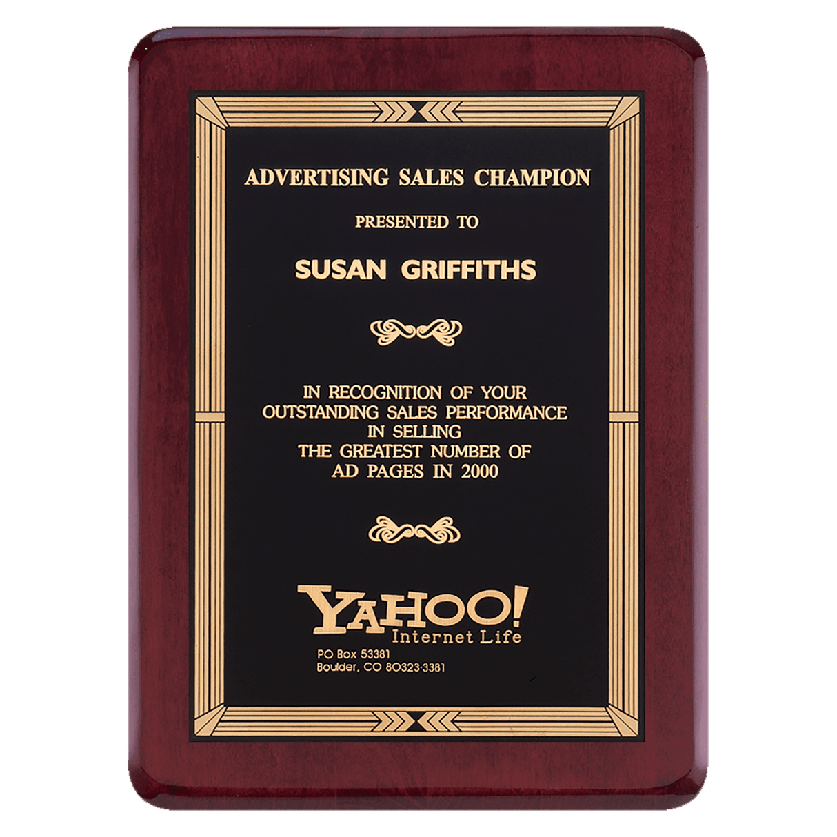 9" x 12" Airflyte Premium Rosewood Piano Finish Plaque with Gold Border Black Laserable Brass Plate
