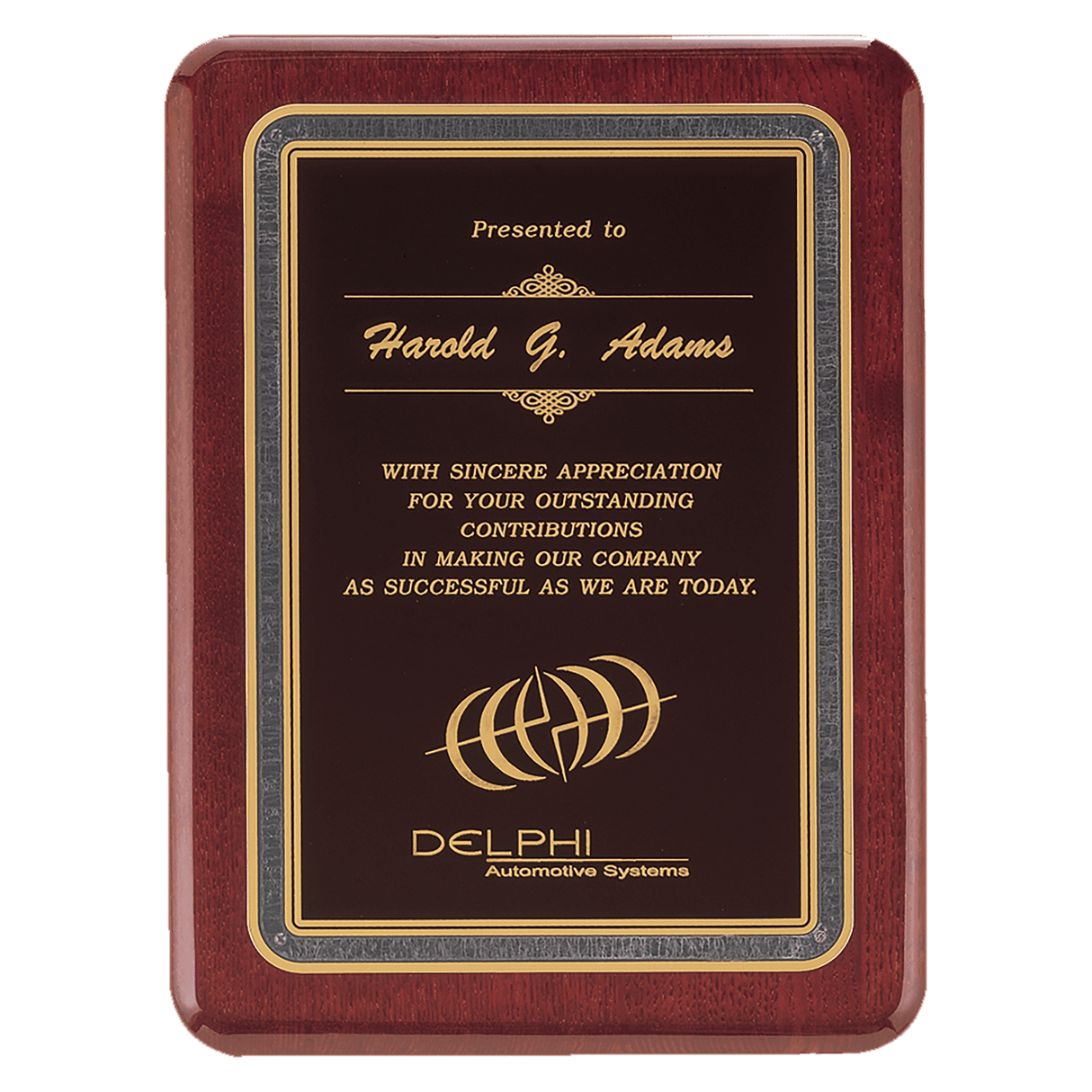 9" x 12" Rosewood Piano Finish Plaque with Black/Gold Florentine Design LaserFX Plate