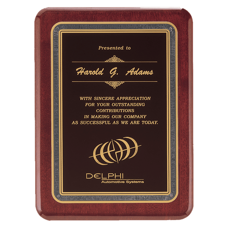 9" x 12" Rosewood Piano Finish Plaque with Black/Gold Florentine Design LaserFX Plate