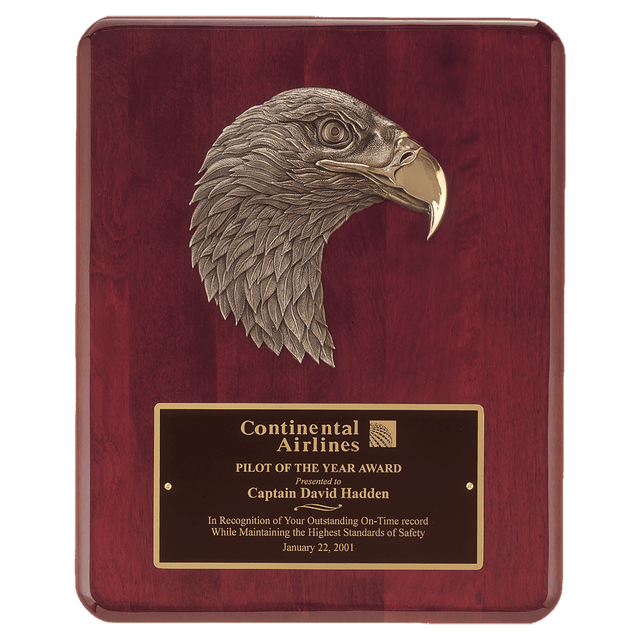 10 1/2" x 13" Rosewood Piano Finish Plaque with Finely Detailed Bronze Eagle Head Casting with Black Laserable Brass Plate